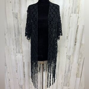 Rebellion Black Crochet Fringe Cardigan Sweater‎